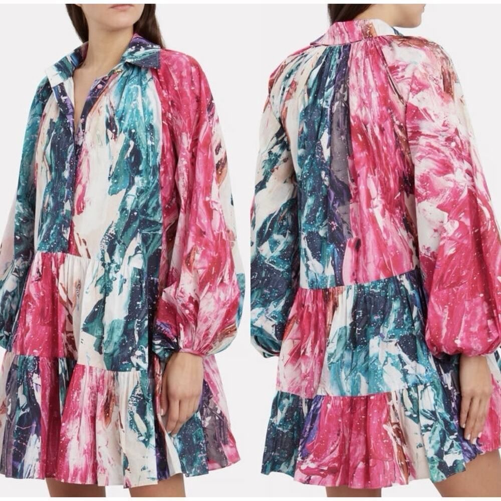 Aje Salt Lake Shirt Dress US 4 AU 8 Multicolor Cotton Tiered Mini